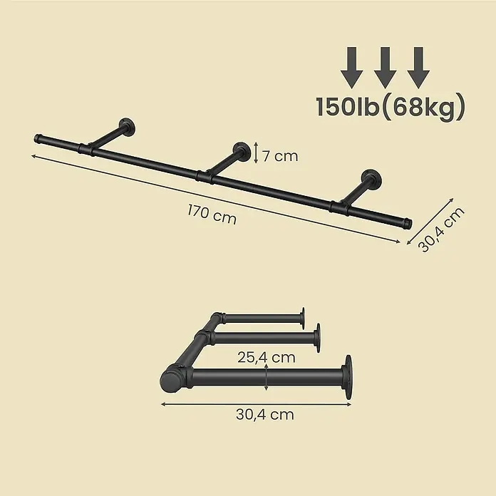 Garderobenstange - L x B x H: 30 x 170 x 7 cm, Schwarz - Schwarze Wandkleiderstange aus Industriemetall, 170 cm lang, 30,4 cm tief, 7 cm Wandabstand, 68 kg Traglast.