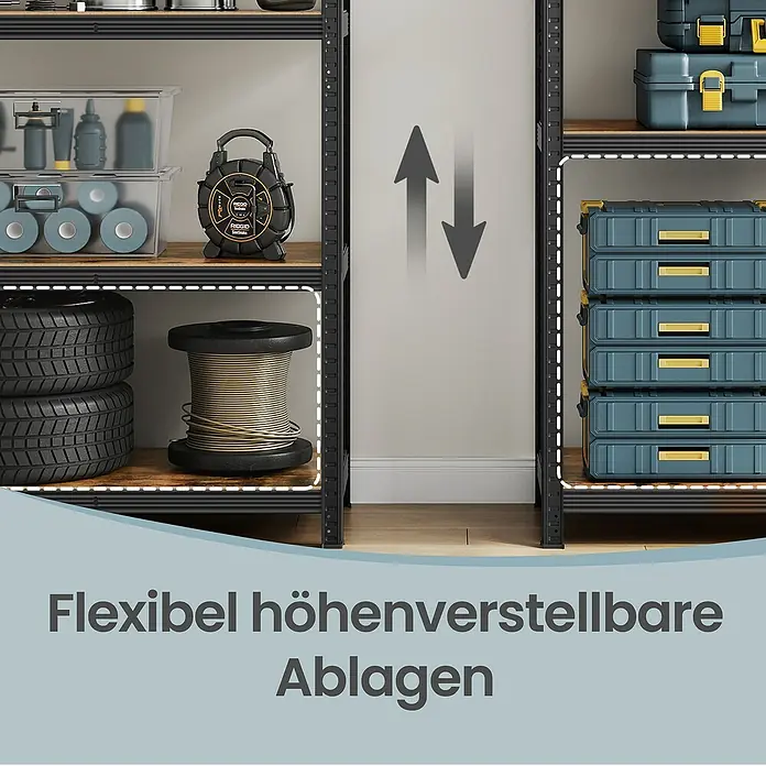 Metallregal - H x B x T: 180 x 90 x 40 cm, Traglast pro Boden: 175 kg, Anzahl Böden: 5 Stk., Stecken, Schwarz/Braun - Schwarzes Metallregal mit Holzböden, höhenverstellbar für flexible Lagerung verschiedener Gegenstände.