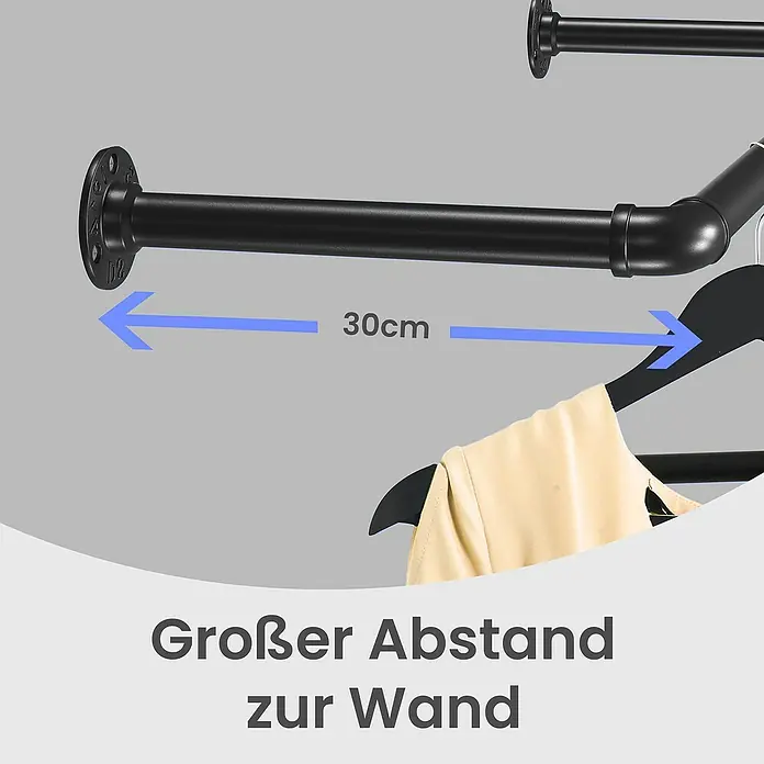 Garderobenstange - L x B x H: 30 x 92 x 7 cm, Schwarz, 2 Stk. - Wandmontierte schwarze Kleiderstange aus Industrierohr, 30cm von der Wand, mit hellem Kleidungsstück.