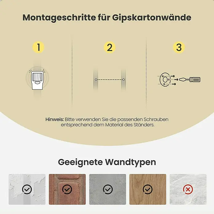 Garderobenstange - L x B x H: 30 x 92 x 7 cm, Schwarz, 1 Stk. - Montageschritte für Gipskartonwände: Ständer finden, markieren und verschrauben. Zeigt geeignete und ungeeignete Wandtypen.