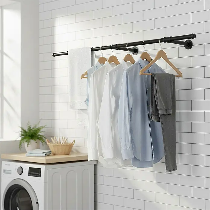 Garderobenstange - L x B x H: 30 x 170 x 7 cm, Schwarz - Schwarze Wand-Kleiderstange aus Metall mit Handtuch, Hemden und grauer Hose.