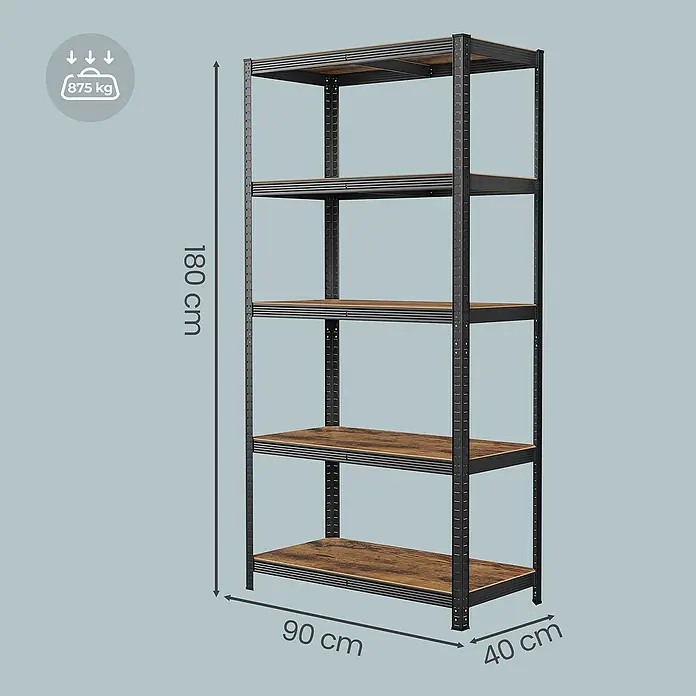 Metallregal - H x B x T: 180 x 90 x 40 cm, Traglast pro Boden: 175 kg, Anzahl Böden: 5 Stk., Stecken, Schwarz/Braun - Fünfstöckiges Industrieregal mit schwarzem Metallrahmen und Holzoptikböden. 180x90x40 cm, 875 kg Traglast.