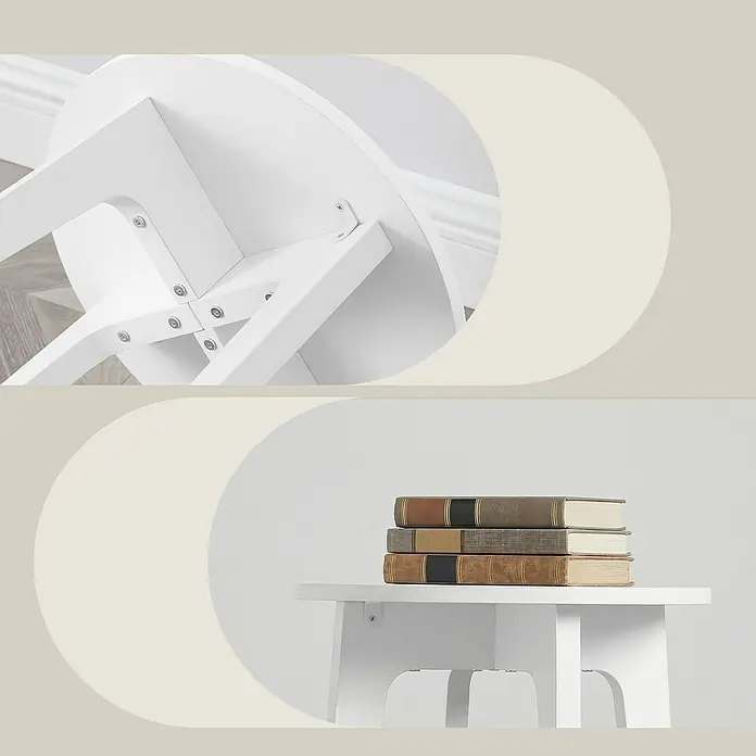 Beistelltisch - Ø x H: 40 x 50 cm, Weiß - Weißer runder Holztisch mit stabiler Unterkonstruktion, der einen Bücherstapel trägt.