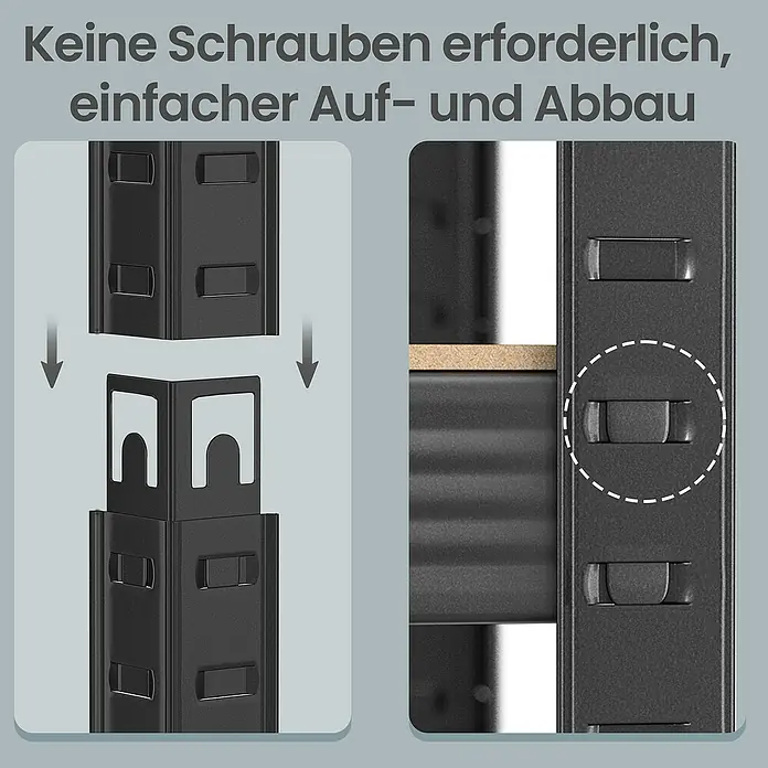 Metallregal - H x B x T: 180 x 90 x 40 cm, Traglast pro Boden: 175 kg, Anzahl Böden: 5 Stk., Stecken, Schwarz/Braun - Schwarzes Metallregal mit schraubenloser Steckmontage.