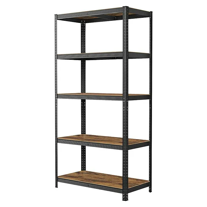 Metallregal - H x B x T: 180 x 90 x 40 cm, Traglast pro Boden: 175 kg, Anzahl Böden: 5 Stk., Stecken, Schwarz/Braun - Fünfstufiges Regal aus schwarzem Metall mit Holzoptik-Böden zur Aufbewahrung.
