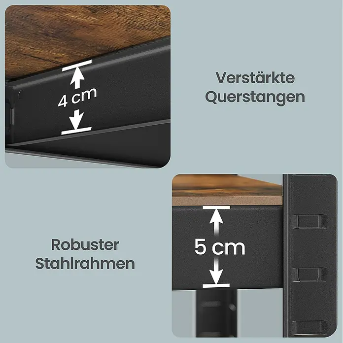 Metallregal - H x B x T: 180 x 90 x 40 cm, Traglast pro Boden: 175 kg, Anzahl Böden: 5 Stk., Stecken, Schwarz/Braun - Robuster schwarzer Stahlrahmen mit Holzplatte, zeigt 4 cm verstärkte Querstangen und 5 cm Rahmenkante.