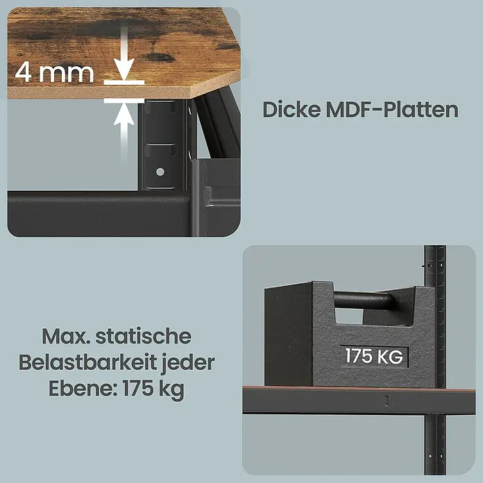Metallregal - H x B x T: 180 x 90 x 40 cm, Traglast pro Boden: 175 kg, Anzahl Böden: 5 Stk., Stecken, Schwarz/Braun - Details eines Regals: 4 mm dicke MDF-Platten, 175 kg statische Traglast pro Ebene.