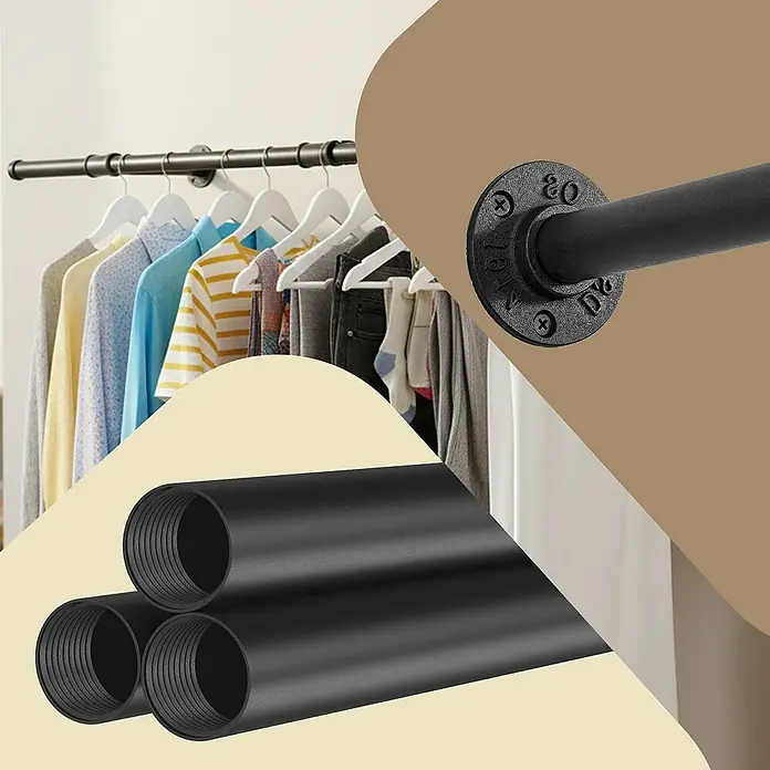 Garderobenstange - L x B x H: 30 x 170 x 7 cm, Schwarz - Schwarze Industrie-Rohr-Kleiderstange mit Kleidung, Detailansicht eines Fittings und drei gestapelte schwarze Rohre.