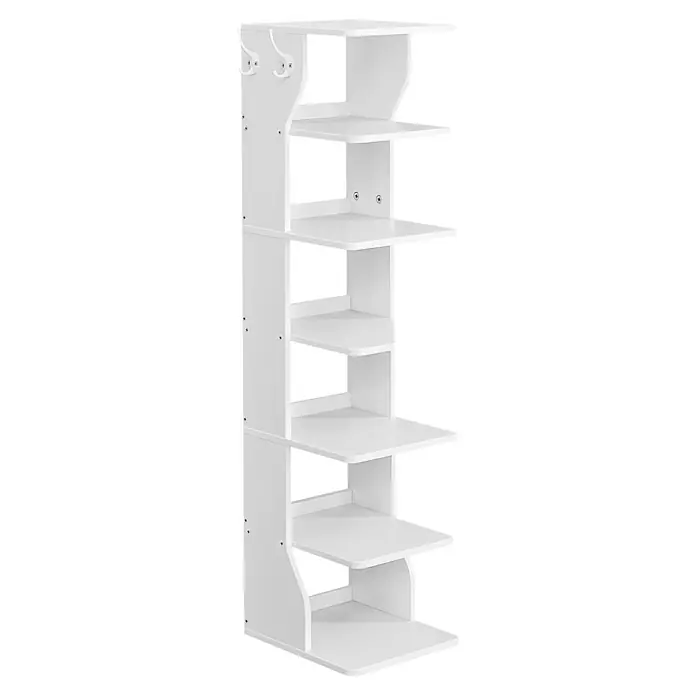 Schuhregal - L x B x H: 30 x 26,4 x 110,4 cm, Weiß - Weißes, mehrstufiges Eckregal mit zwei Kleiderhaken.