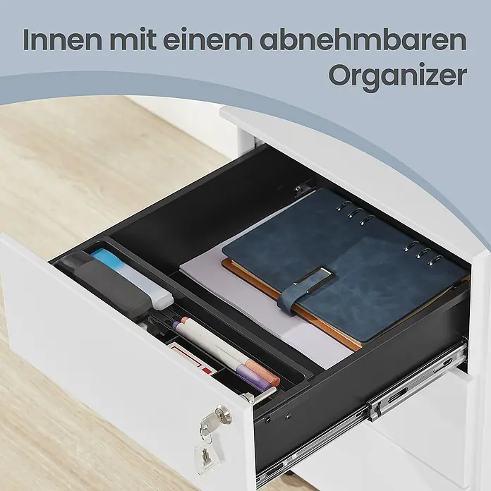 Rollcontainer - L x B x H: 45 x 39 x 54 cm, Weiß, Anzahl Schubladen: 3 Stk. - Weißer Schubkasten mit herausnehmbarem schwarzem Organizer für Büromaterial, Schlüssel steckt im Schloss.