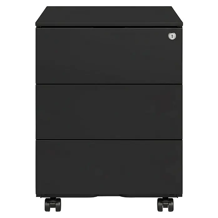 Rollcontainer - L x B x H: 45 x 39 x 54 cm, Schwarz, Anzahl Schubladen: 3 Stk. - Schwarzer 3-Schubladen-Aktenschrank aus Metall auf Rollen mit Schloss.