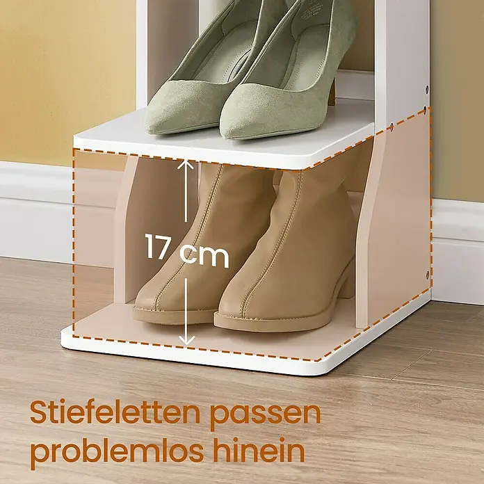 Schuhregal - L x B x H: 30 x 26,4 x 110,4 cm, Weiß - Weißes und beiges Schuhregal mit 17 cm hohem Fach für Stiefeletten und Pumps. Stiefeletten passen problemlos hinein.