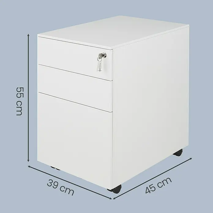 Rollcontainer - L x B x H: 45 x 39 x 54 cm, Weiß, Anzahl Schubladen: 3 Stk. - Weißer Rollcontainer mit drei Schubladen, die obere mit Schlüssel abschließbar, und Rollen. Maße: 55x39x45 cm.