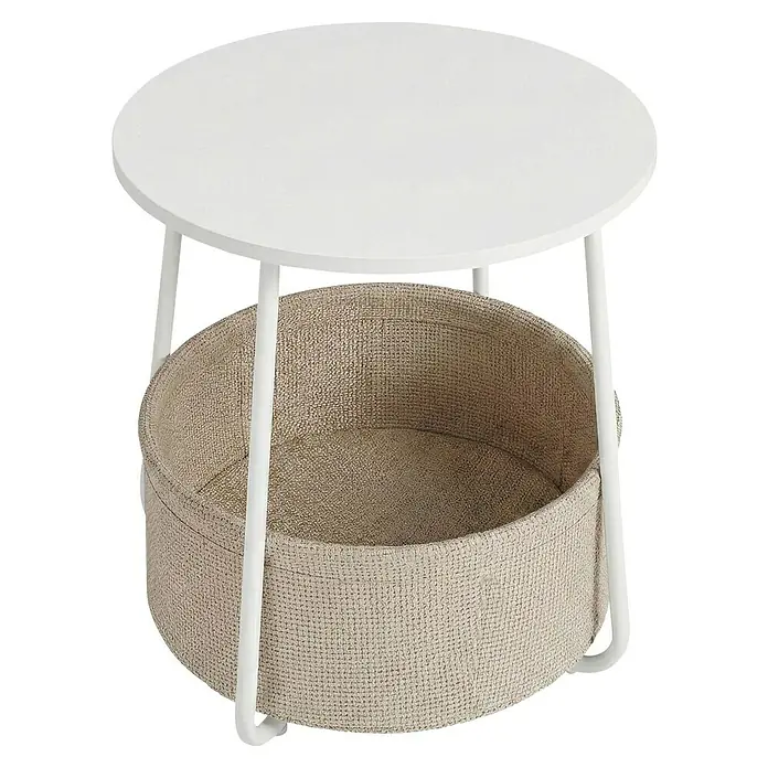 Beistelltisch - Ø x H: 45 x 51 cm, Weiß - Runder, weißer Beistelltisch mit integriertem beigem Stoffkorb.