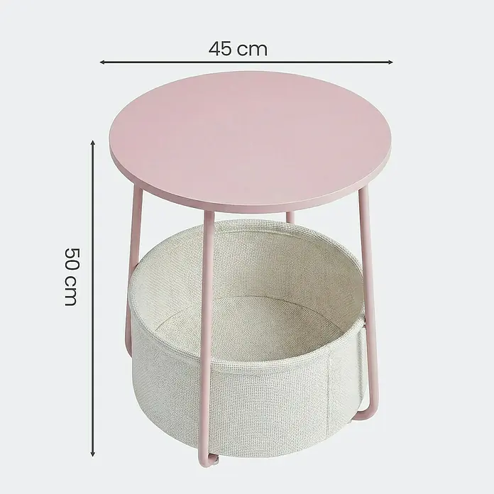 Beistelltisch - Ø x H: 45 x 51 cm, Pink - Rosafarbener runder Beistelltisch mit hellbeigem Stoffkorb, 45 cm Durchmesser, 50 cm hoch.