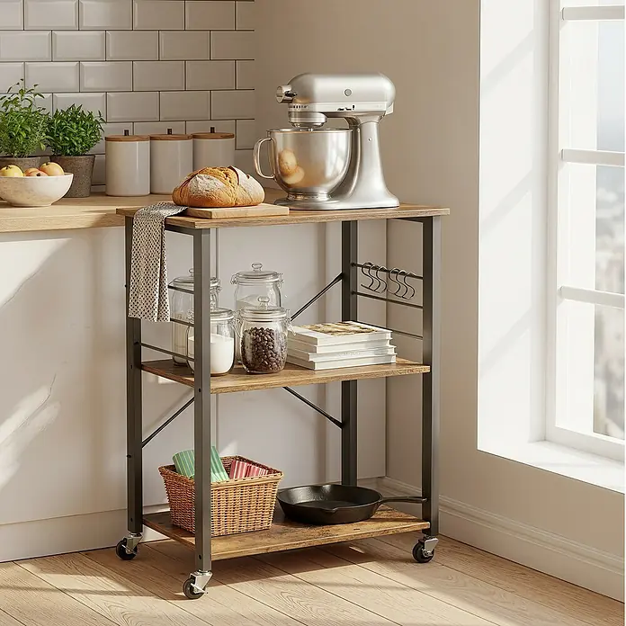 Servierwagen - L x B x H: 40 x 60 x 89 cm, Schwarz/Braun - Industrielles Küchenregal mit dunklem Metallrahmen, rustikalen Holzablagen und Rollen, bestückt mit Küchenutensilien und einer Küchenmaschine.