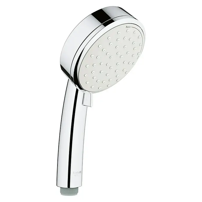 Grohe Tempesta Cosmopolitan 100 Handbrause - Anzahl Funktionen: 2 Stk., 5,7 l/min, Chrom - Bild einer Grohe Handbrause aus Chrom. Die Brause hat einen runden Kopf mit weißen Düsen.