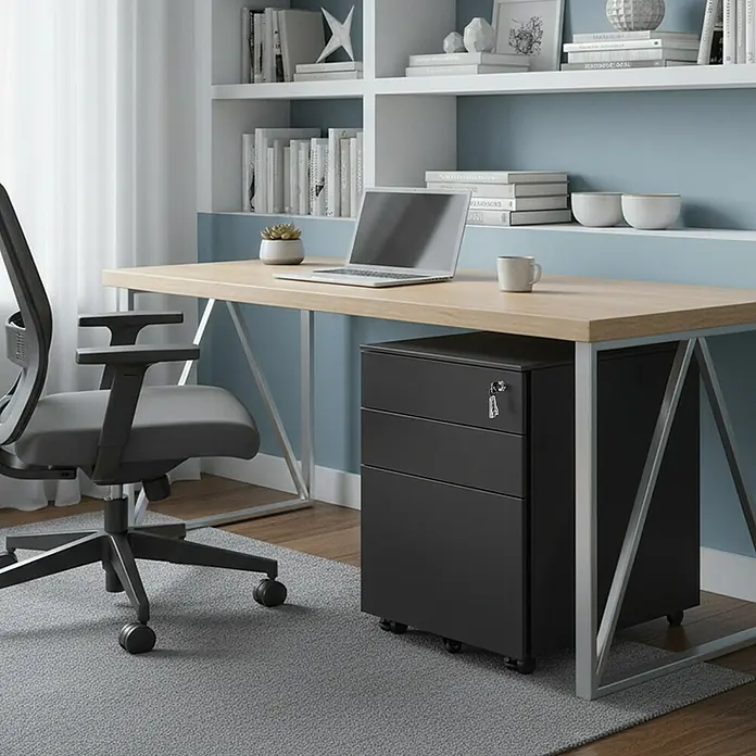 Rollcontainer - L x B x H: 52 x 39 x 60 cm, Schwarz, Anzahl Schubladen: 3 Stk. - Schwarzer, rollbarer Metall-Aktenschrank mit drei abschließbaren Schubladen unter einem hellen Holzschreibtisch.