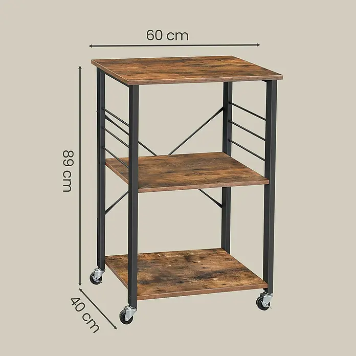 Servierwagen - L x B x H: 40 x 60 x 89 cm, Schwarz/Braun - Rustikaler brauner 3-stöckiger Rollwagen mit schwarzem Metallrahmen. Maße: 60x40x89 cm.