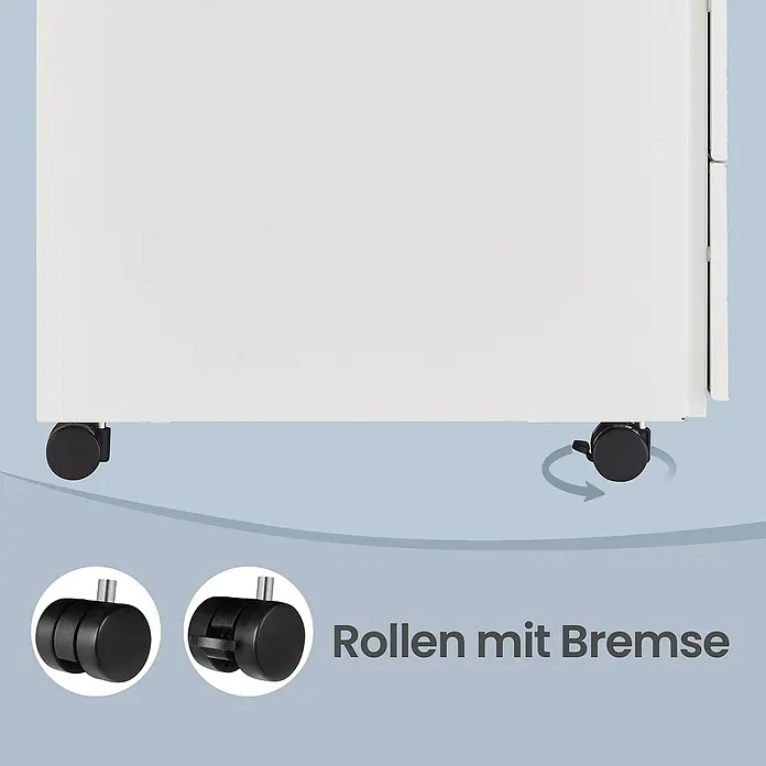 Rollcontainer - L x B x H: 45 x 39 x 54 cm, Weiß, Anzahl Schubladen: 3 Stk. - Weißes Möbelstück auf schwarzen Rollen, Nahaufnahmen zeigen eine Rolle mit Bremsmechanismus.