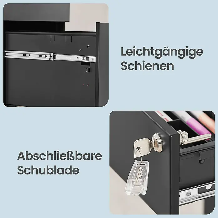 Rollcontainer - L x B x H: 52 x 39 x 60 cm, Schwarz, Anzahl Schubladen: 3 Stk. - Details eines schwarzen Aktenschranks: leichtgängige Metallauszüge und eine abschließbare Schublade mit Schlüsseln.