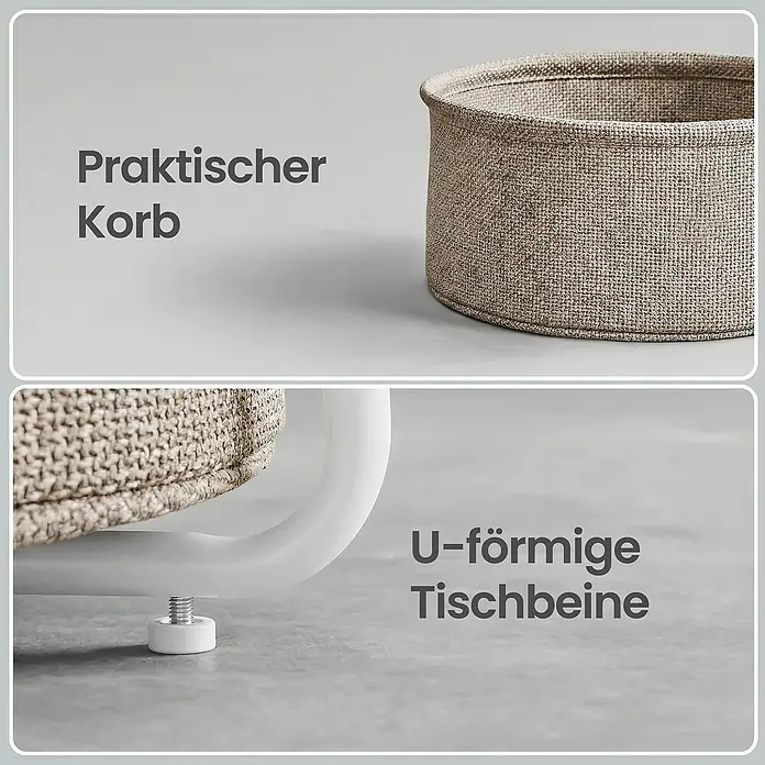 Beistelltisch - Ø x H: 45 x 51 cm, Weiß - Ein beiger Stoff-Aufbewahrungskorb und weiße U-förmige Tischbeine mit verstellbaren Füßen.