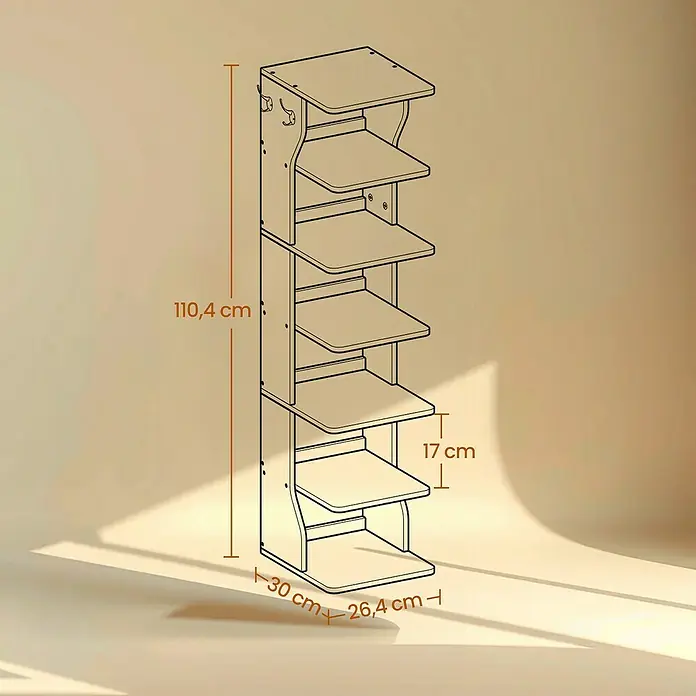 Schuhregal - L x B x H: 30 x 26,4 x 110,4 cm, Weiß - Schmales, helles Holzregal mit sechs Fächern und Wandhaken, ideal für kompakten Stauraum.