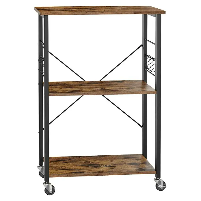 Servierwagen - L x B x H: 40 x 60 x 89 cm, Schwarz/Braun - Brauner, rustikaler Holz-Servierwagen mit 3 Ablagen, schwarzem Metallrahmen, Kreuzstreben und silbernen Rollen für mobilen Stauraum.
