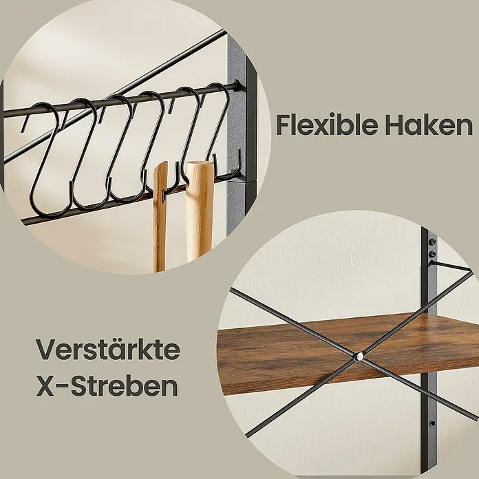 Servierwagen - L x B x H: 40 x 60 x 89 cm, Schwarz/Braun - Flexible schwarze S-Haken an einer Stange mit Holzutensilien und verstärkte X-Streben an einem Holzregal.