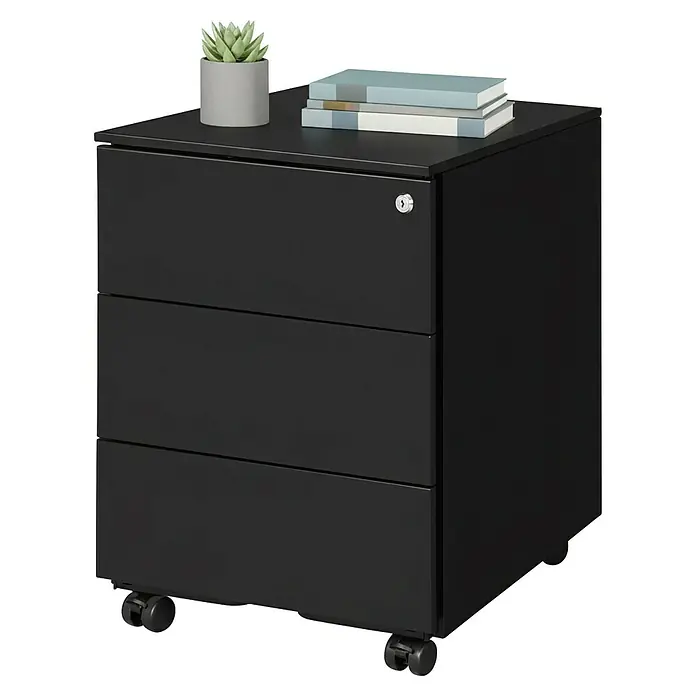 Rollcontainer - L x B x H: 45 x 39 x 54 cm, Schwarz, Anzahl Schubladen: 3 Stk. - Schwarzer mobiler Rollcontainer mit 3 Schubladen, Schloss, Sukkulente und Büchern.