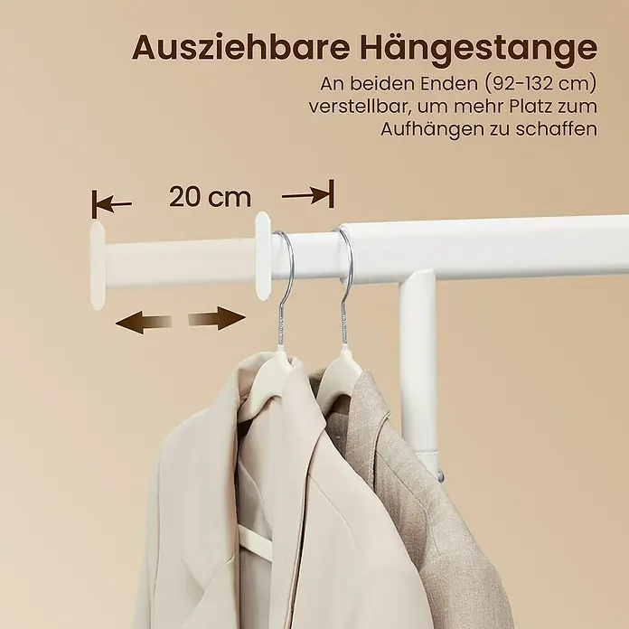 Kleiderwagen - L x H: 45 x 160 cm, Breitenverstellung: 92 cm - 132 cm, Weiß - Weiße ausziehbare Kleiderstange, verstellbar (92-132 cm), bietet mehr Platz für Kleidung.
