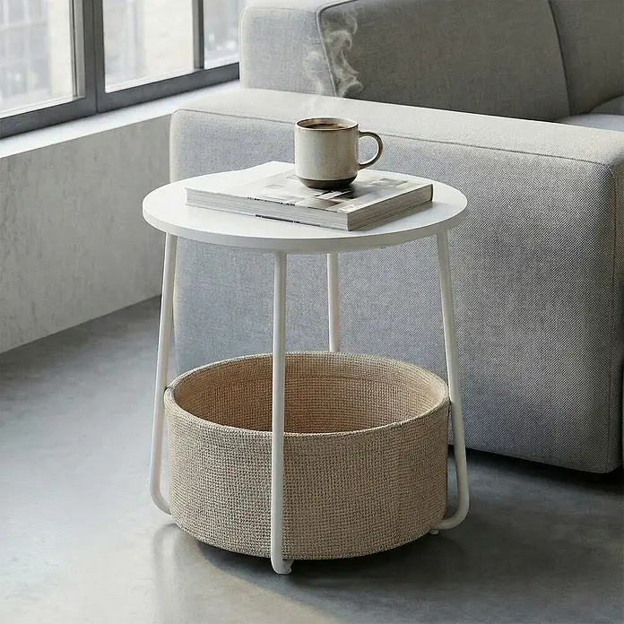 Beistelltisch - Ø x H: 45 x 51 cm, Weiß - Weißer Beistelltisch mit beigem Korb, Tasse und Buch darauf, neben einem Sofa.