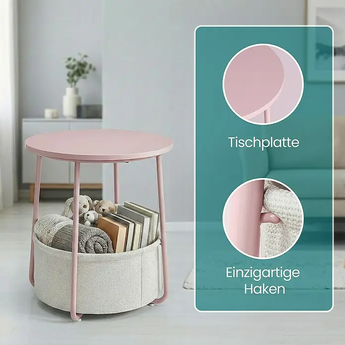 Beistelltisch - Ø x H: 45 x 51 cm, Pink - Rosa runder Beistelltisch mit integriertem Stoffkorb für Decken und Bücher. Verfügt über einzigartige seitliche Haken.