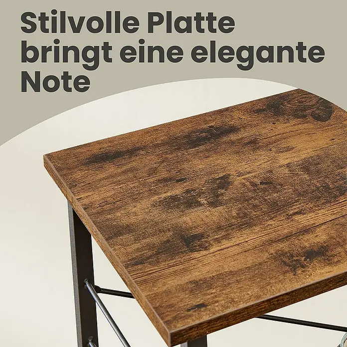 Servierwagen - L x B x H: 40 x 60 x 89 cm, Schwarz/Braun - Nahaufnahme einer rustikalen braunen Tischplatte in Holzoptik mit dunklem Metallrahmen, die ihre strukturierte Oberfläche zeigt.