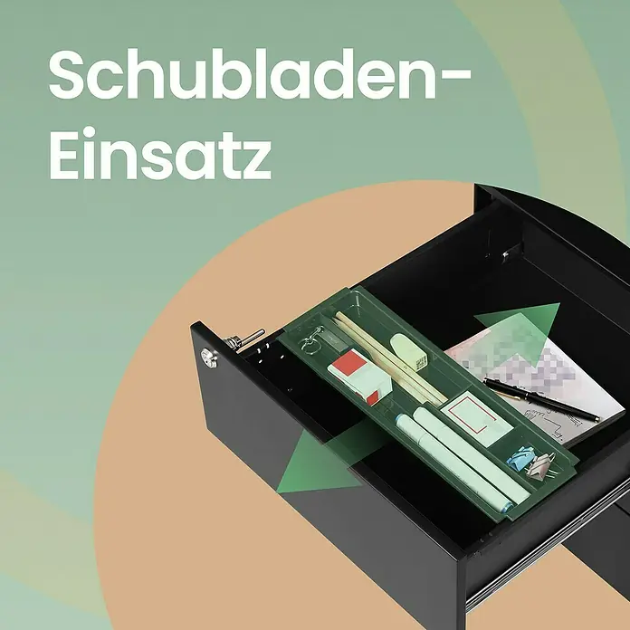 Rollcontainer - L x B x H: 45 x 39 x 54 cm, Schwarz, Anzahl Schubladen: 3 Stk. - Grüner Schubladeneinsatz für Büromaterial, ordentlich in einer dunklen Schublade.