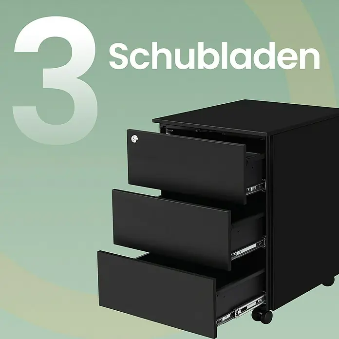 Rollcontainer - L x B x H: 45 x 39 x 54 cm, Schwarz, Anzahl Schubladen: 3 Stk. - Schwarzer mobiler Rollcontainer mit 3 Schubladen, die obere mit Schloss, alle teilweise geöffnet.