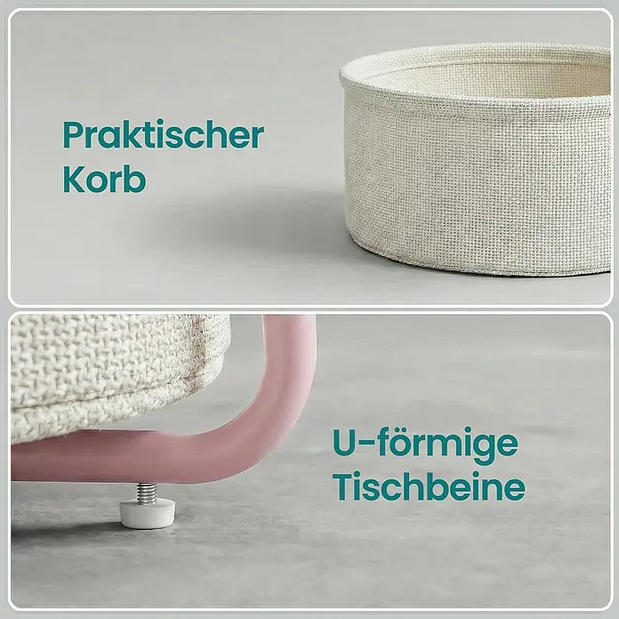 Beistelltisch - Ø x H: 45 x 51 cm, Pink - Heller Aufbewahrungskorb aus Stoff und rosa U-förmiges Tischbein mit verstellbarem Fuß.