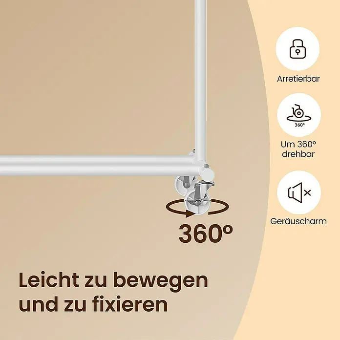 Kleiderwagen - L x H: 45 x 160 cm, Breitenverstellung: 92 cm - 132 cm, Weiß - Weiße Metallrohre mit einem 360° drehbaren, feststellbaren und geräuscharmen Rollen, einfach zu bewegen und zu fixieren.