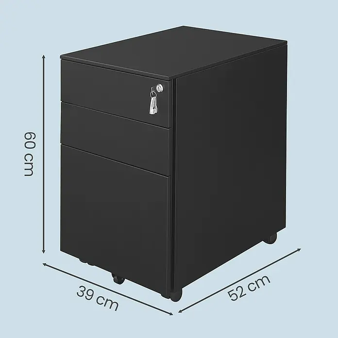 Rollcontainer - L x B x H: 52 x 39 x 60 cm, Schwarz, Anzahl Schubladen: 3 Stk. - Schwarzer, dreischübiger Rollcontainer mit Schloss und Schlüssel, Maße 60x39x52 cm.