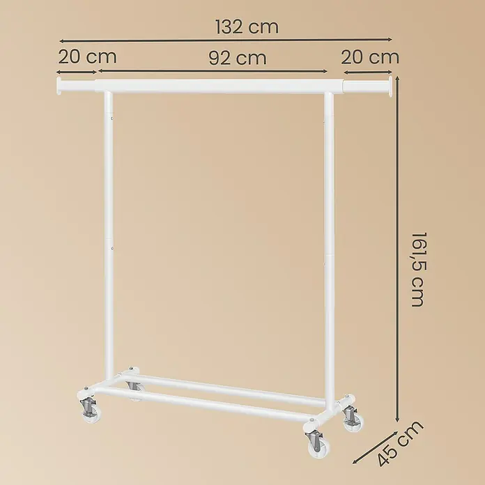 Kleiderwagen - L x H: 45 x 160 cm, Breitenverstellung: 92 cm - 132 cm, Weiß - Weißer Metall-Kleiderständer auf Rollen, Gesamtmaße: 132 cm Breite, 161,5 cm Höhe, 45 cm Tiefe.