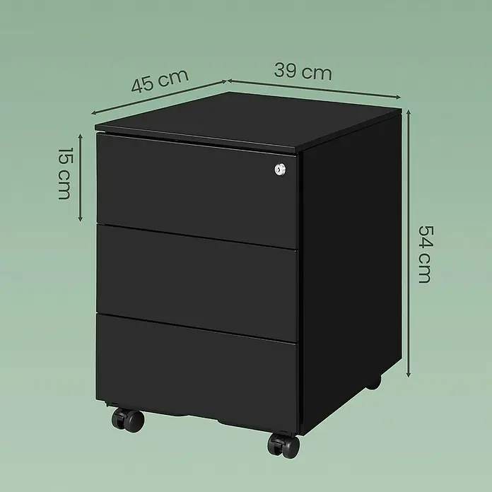 Rollcontainer - L x B x H: 45 x 39 x 54 cm, Schwarz, Anzahl Schubladen: 3 Stk. - Schwarzer Rollcontainer mit 3 Schubladen, eine abschließbar. Maße: 45x39x54 cm.