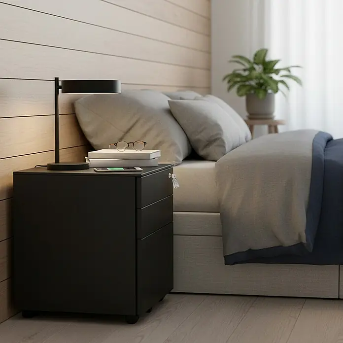Rollcontainer - L x B x H: 52 x 39 x 60 cm, Schwarz, Anzahl Schubladen: 3 Stk. - Schwarzer mobiler Rollcontainer mit drei Schubladen und Schlüssel, als Nachttisch im Schlafzimmer.