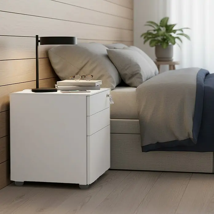 Rollcontainer - L x B x H: 45 x 39 x 54 cm, Weiß, Anzahl Schubladen: 3 Stk. - Weißer mobiler Rollcontainer mit drei Schubladen und Schlüsseln, auf Rollen, als Nachttisch im Schlafzimmer genutzt.