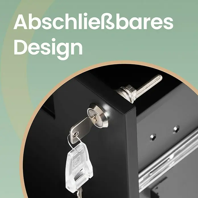 Rollcontainer - L x B x H: 45 x 39 x 54 cm, Schwarz, Anzahl Schubladen: 3 Stk. - Nahaufnahme eines schwarzen Schranks/Schublade mit Schlüssel im silbernen Schloss, um die abschließbare Funktion zu zeigen.
