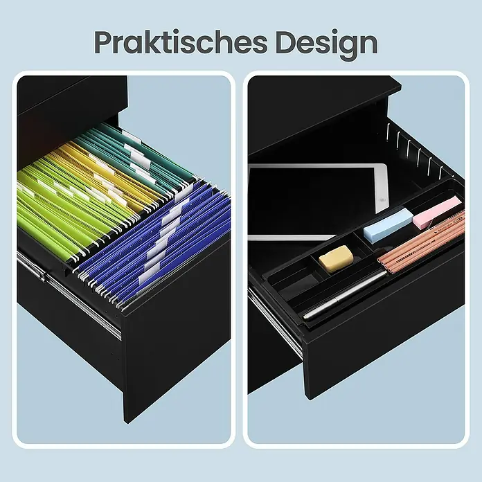 Rollcontainer - L x B x H: 52 x 39 x 60 cm, Schwarz, Anzahl Schubladen: 3 Stk. - Schwarze Aktenschubladen, eine mit bunten Hängeregistern, die andere mit Tablet, Stift, Radiergummi und Haftnotizen in einem Organizer.