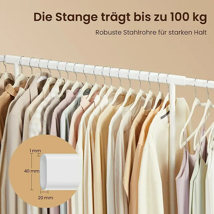 Kleiderwagen - L x H: 45 x 160 cm, Breitenverstellung: 92 cm - 132 cm, Weiß - Weiße Stahl-Kleiderstange mit ovalem Querschnitt (40x20mm, 1mm Wandstärke), die Kleidung trägt und bis zu 100 kg für starken Halt hält.
