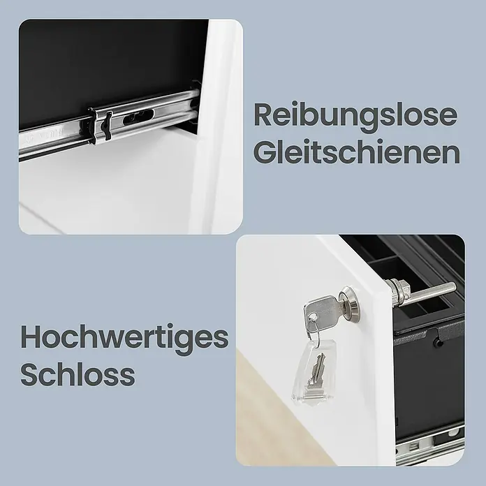 Rollcontainer - L x B x H: 45 x 39 x 54 cm, Weiß, Anzahl Schubladen: 3 Stk. - Geschmeidige Schubladenschienen und ein hochwertiges Schloss mit Schlüssel.