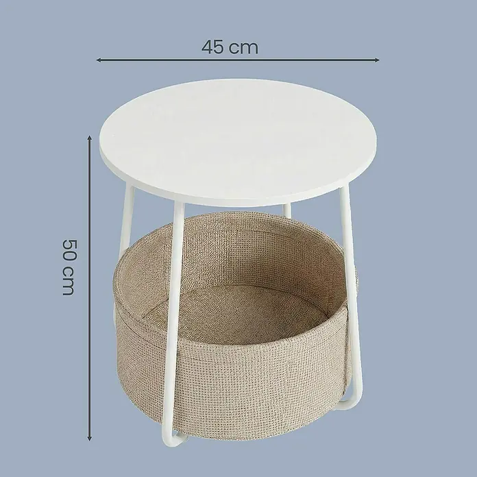 Beistelltisch - Ø x H: 45 x 51 cm, Weiß - Weißer runder Beistelltisch mit beigem Stoffkorb, 45 cm Durchmesser, 50 cm hoch.