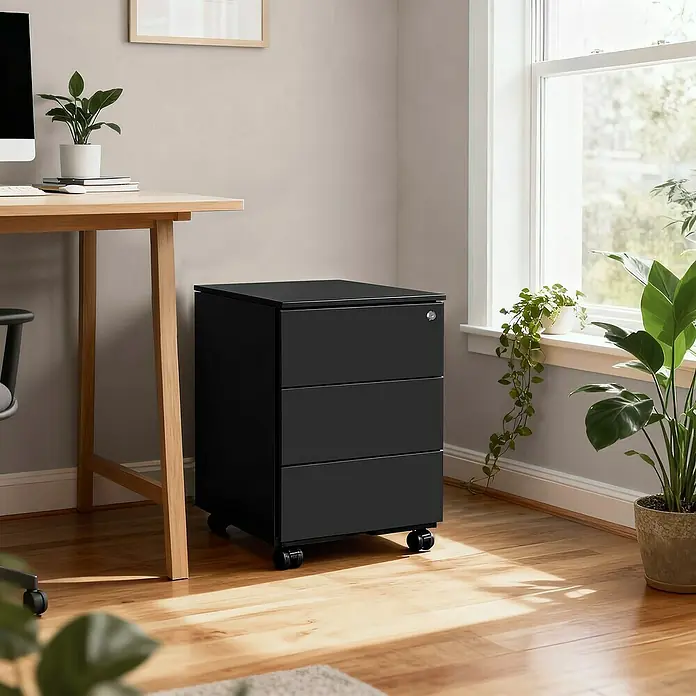 Rollcontainer - L x B x H: 45 x 39 x 54 cm, Schwarz, Anzahl Schubladen: 3 Stk. - Schwarzer mobiler Aktenschrank mit drei Schubladen und Schloss, neben einem hellen Holzschreibtisch im Büro.