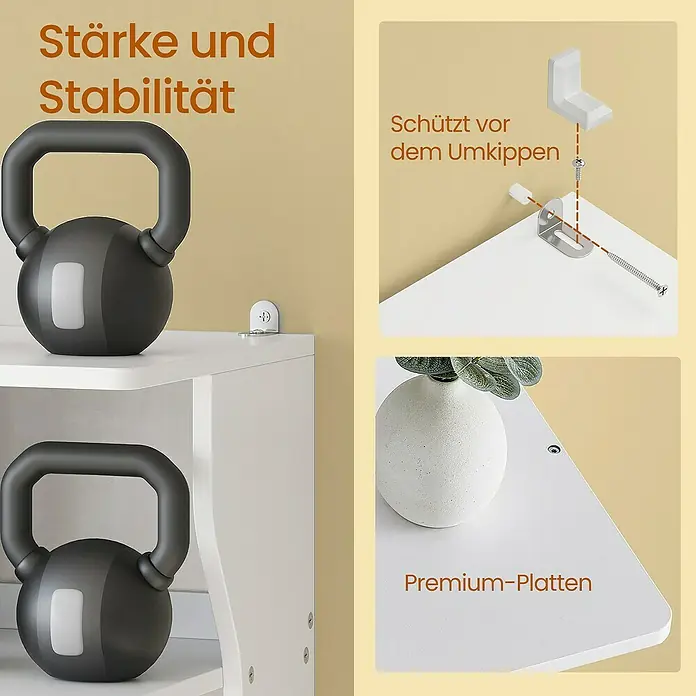 Schuhregal - L x B x H: 30 x 26,4 x 110,4 cm, Weiß - Weißes Regal, das Stärke mit Kettlebells demonstriert, mit Kippsicherung und Premium-Platten.